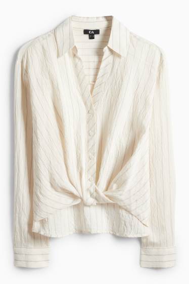 Dames - Blouse met knoop in de stof - gestreept - crème wit
