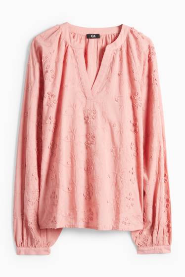 Damen - Bluse mit V-Ausschnitt - geblümt - strukturiert - pink