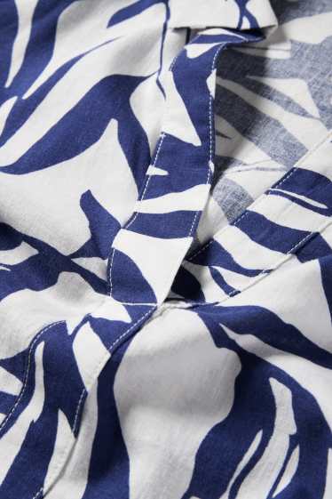 Donna - Blusa con scollo a V - misto lino - fantasia - bianco / blu