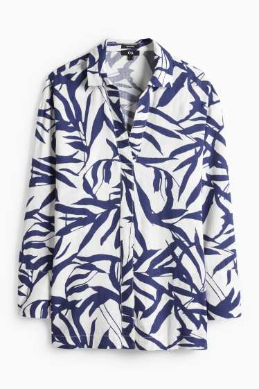 Donna - Blusa con scollo a V - misto lino - fantasia - bianco / blu