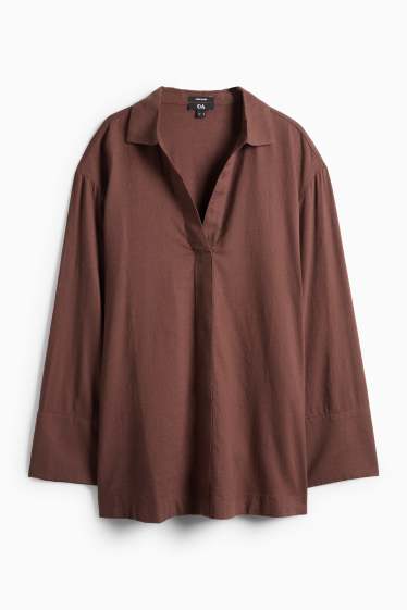 Damen - Bluse mit V-Ausschnitt - Leinen-Mix - dunkelbraun