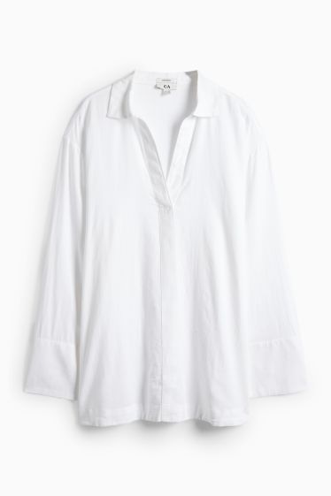 Donna - Blusa con scollo a V - misto lino - bianco