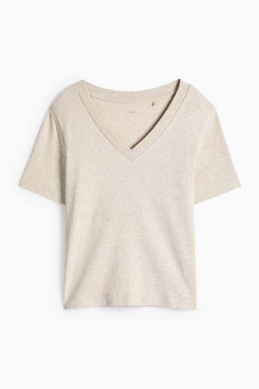 Dames - T-shirt met V-hals - slim fit - beige