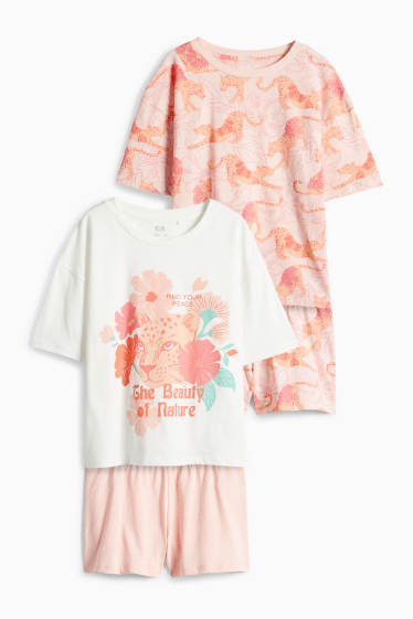 Enfants filles - Lot de 2 - léopard - pyjashort - 4 pièces - blanc / rose