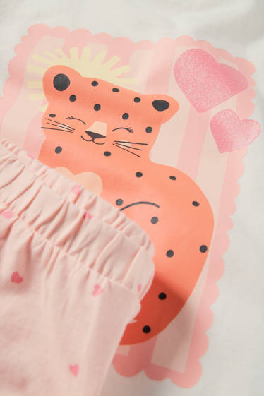 Kinderen: meisjes - Luipaard - shortama - 2-delig - glanseffect - wit / roze