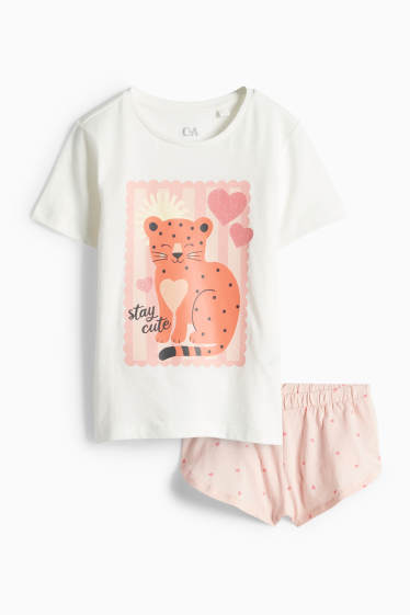 Kinderen: meisjes - Luipaard - shortama - 2-delig - glanseffect - wit / roze