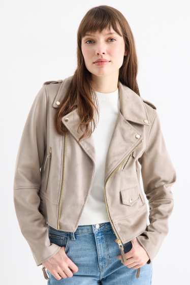 Damen - Bikerjacke - Velourslederimitat - grau