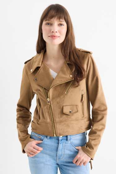 Damen - Bikerjacke - Velourslederimitat - braun