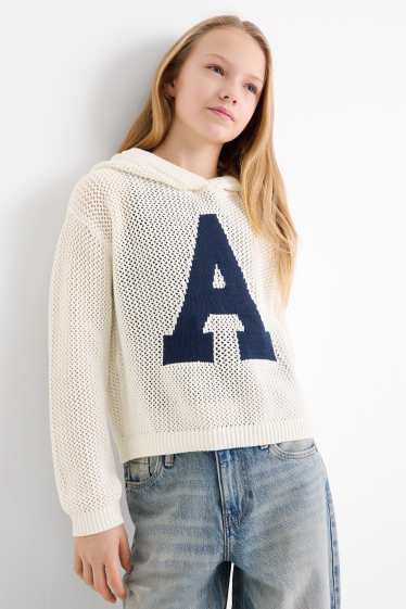 Children Girls - Hooded jumper - textured - white / blue