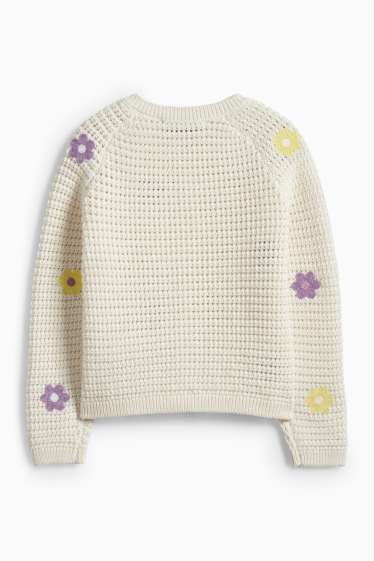 Kinder Mädchen - Blume - Strickjacke - strukturiert - cremeweiss