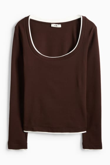 Mujer - Camiseta de manga larga - slim fit - look 2 en 1 - marrón oscuro