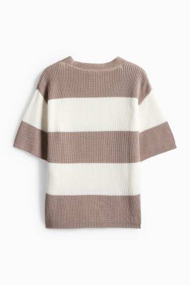 Femmes - Pull en maille - manches courtes - finition côtelée - à rayures - blanc / beige