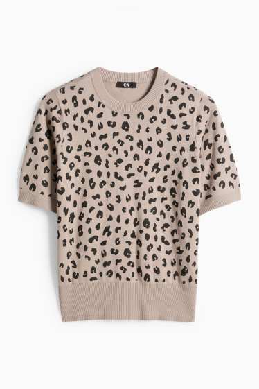 Women - Knitted jumper - short sleeve - leopard print - black / beige