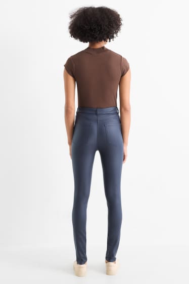 Dámské - Plátěné kalhoty - high waist - skinny fit - imitace kůže - tmavomodrá