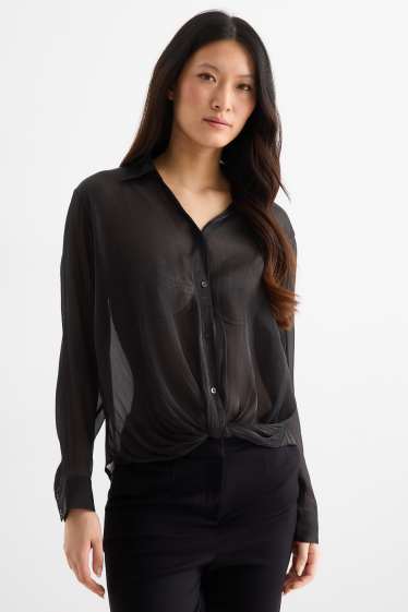 Women - Blouse with knot detail - shiny - black