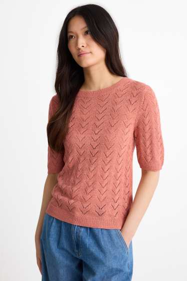 Dames - Gebreide trui - korte mouwen - donker rose