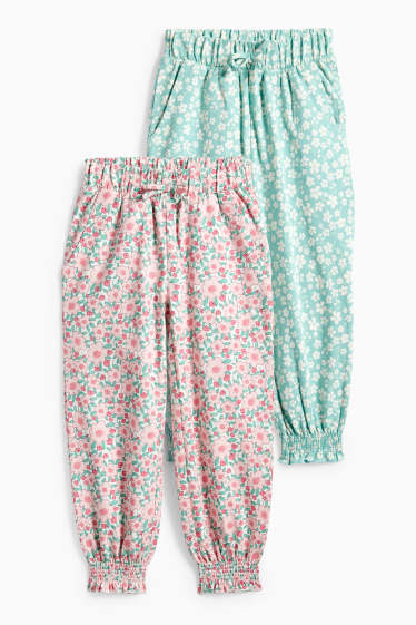 Kinderen: meisjes - Set van 2 - bloem - joggingbroek - groen / roze