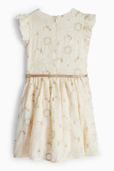 Copii - Fete - Floare - rochie cu curea - aspect lucios - de ocazie - alb-crem