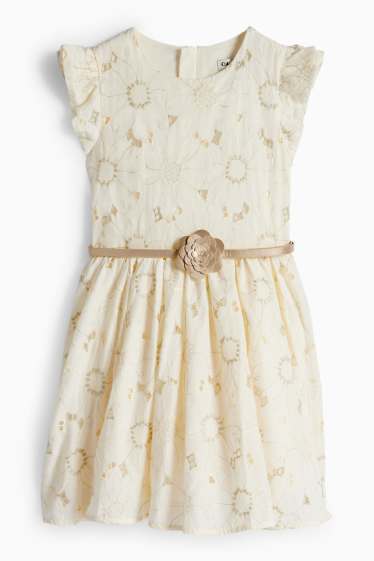 Copii - Fete - Floare - rochie cu curea - aspect lucios - de ocazie - alb-crem