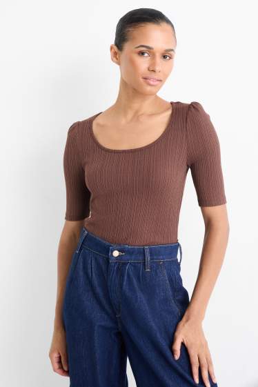 Damen - T-Shirt - Regular Fit - gerippt - dunkelbraun