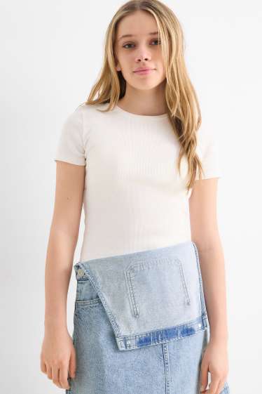 Kinder Mädchen - Set - Kurzarmshirt und Jeans-Latzkleid - 2 teilig - dunkelgrau / hellgrau