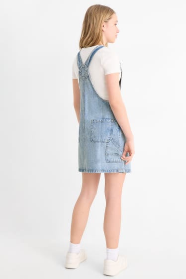 Kinder Mädchen - Set - Kurzarmshirt und Jeans-Latzkleid - 2 teilig - dunkelgrau / hellgrau