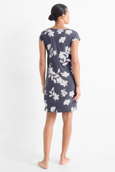 Donna - Camicia da notte di viscosa - a fiori - blu scuro / bianco crema