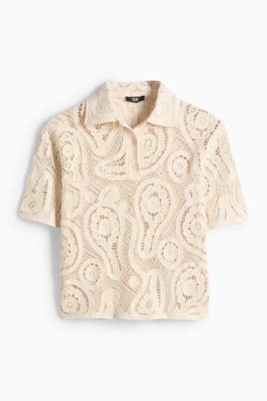 Dámské - Háčkovaný svetr - krémově bílá