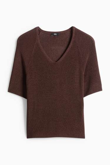 Femmes - Pull de maille - manches courtes - effet brillant - marron foncé