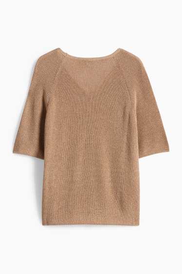 Damen - Strickpullover - kurzarm - Glanz-Effekt - hellbraun