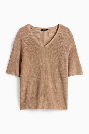 Damen - Strickpullover - kurzarm - Glanz-Effekt - hellbraun