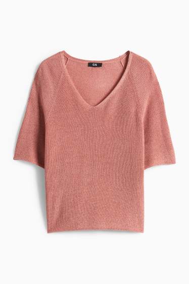 Damen - Strickpullover - kurzarm - Glanz-Effekt - dunkelrosa