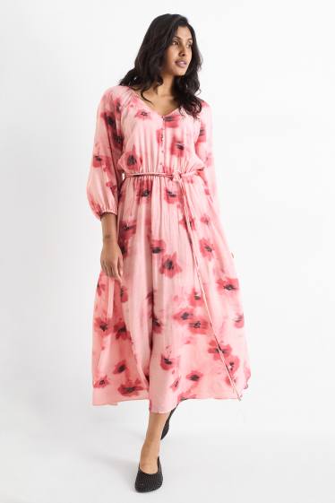 Damen - Kleid mit V-Ausschnitt - Straight Fit - geblümt - pink / rosa