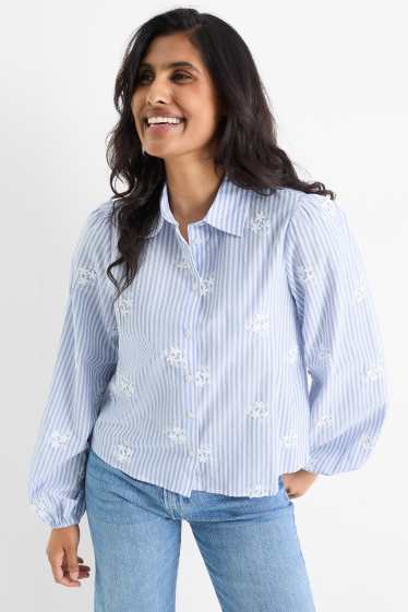 Femei - Bluză tip cămașă - cu dungi - cu flori - alb / albastru deschis