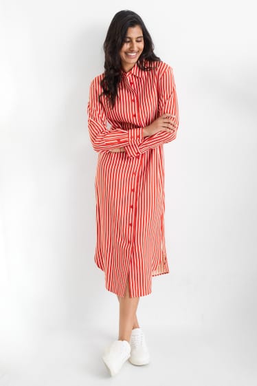 Damen - Blusenkleid mit Gürtel - gestreift - rot