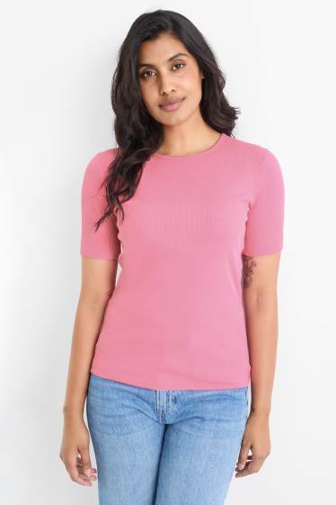 Femmes - T-shirt - slim fit - finition côtelée - rose
