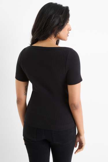 Dames - T-shirt - slim fit - ribstof - zwart