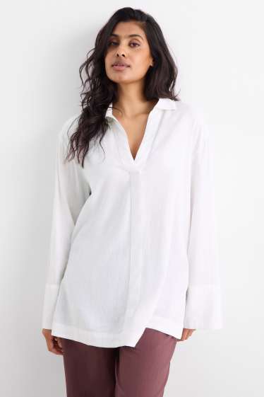 Donna - Blusa con scollo a V - misto lino - bianco