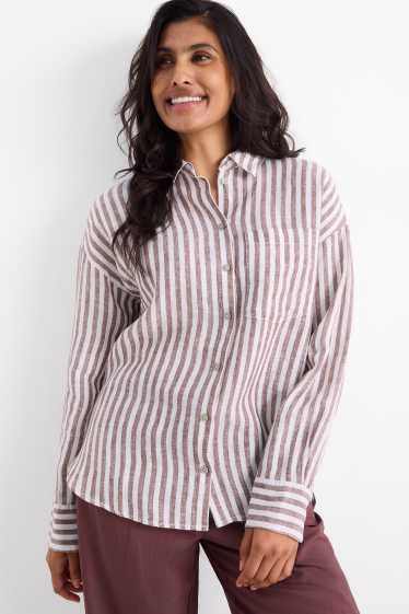 Donna - Camicia di lino - a righe - bianco / beige