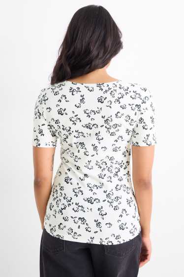 Dámské - Tričko - slim fit - s květinovým vzorem - bílá/černá