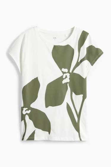Dámské - Tričko - regular fit - s květinovým vzorem - bílá/zelená