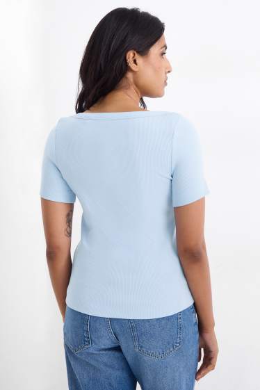 Femmes - T-shirt - slim fit - finition côtelée - bleu clair
