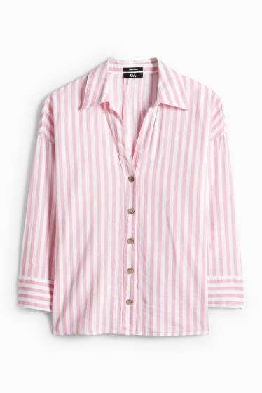 Women - V-neck blouse - linen blend - striped - white / rose