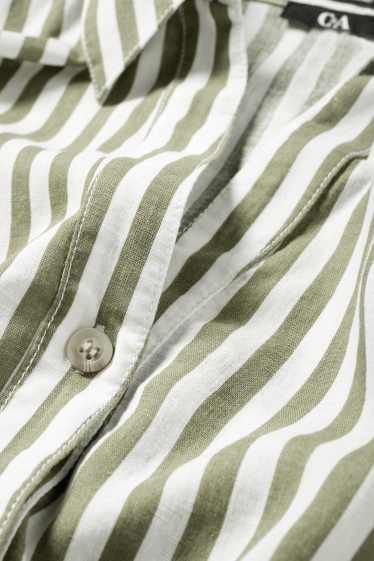 Women - V-neck blouse - linen blend - striped - white / green