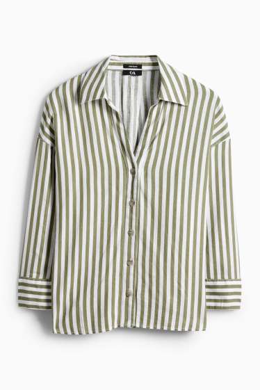 Women - V-neck blouse - linen blend - striped - white / green