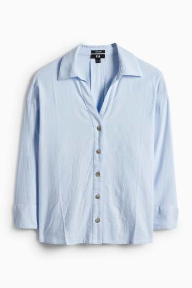 Femmes - Chemisier à col V - lin mélangé - bleu clair