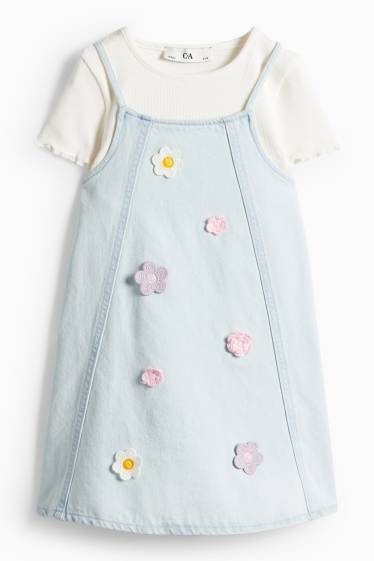 Copii - Fete - Floare - set - tricou cu mânecă scurtă și rochie din denim - 2 piese - albastru / alb