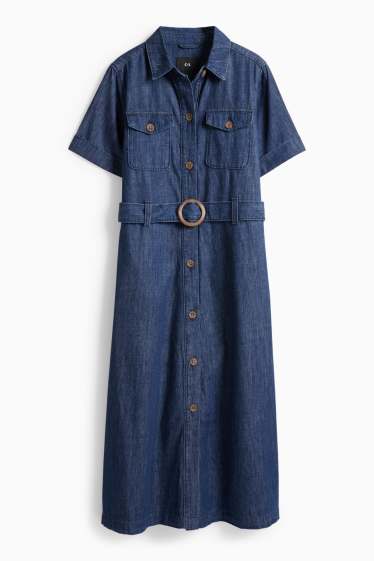 Femei - Rochie tip bluză din denim cu curea - albastru închis