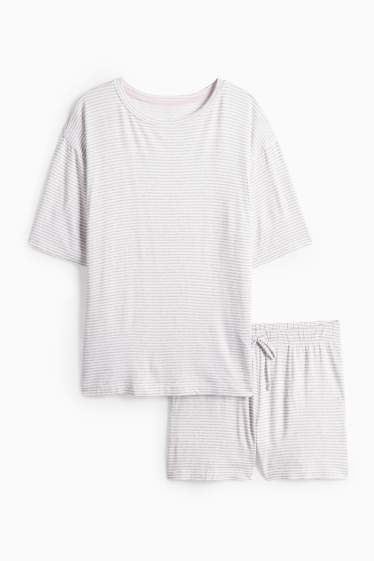 Dames - Shortama van viscose - gestreept - lichtgrijs