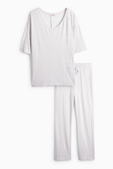 Dames - Pyjama van viscose - gestreept - lichtgrijs